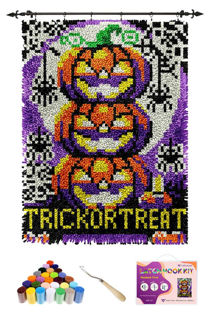 veirousa Halloween Jack O Lantern Latch Hook Kits for Adults Kids Beginners DIY Latch Hook Rug Kit Pre-Printed Hook and Latch Carpet Making Kits Cross-Stitch Wall Hanging Crochet Set 15x20 Inch