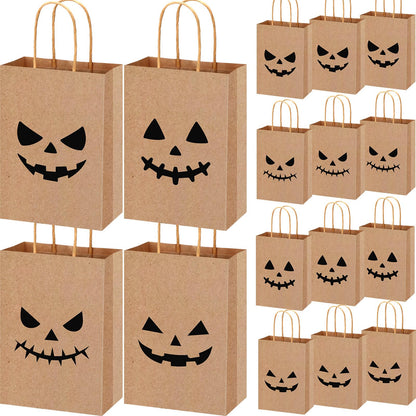 Yexiya 48 Pieces Kraft Halloween Paper Gift Bags Bulk Pumpkin Treat Bags with Handle Kraft Gift Wrap for Halloween Party Favor Supplies