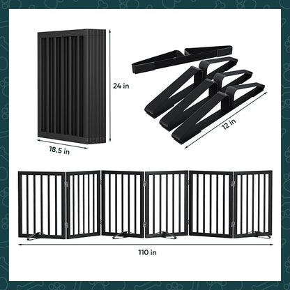 Semiocthome Wood Dog Gates for The House Extra Wide, 6-Panel Freestanding Pet Gates with 4PCS Metal Stands for Doorways and Stairs, 24" H Foldable Dog Fences Indoor, Expands Up to 110" (W)- Black
