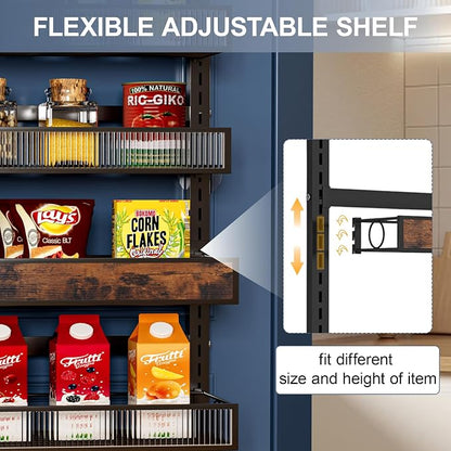 8 Tier Pantry Door Organizer Spice Rack, 2-IN-1 Wall Mount or Hanging Over Door Seasoning Organizer with Adjustable Baskets, Heavy Duty Behind Door Storage Shelves for Pantry, Cabinet and Kitchen
