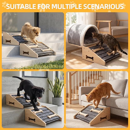 2-Pack Wooden Dog Ramp for Stairs - Natural Pine Wood Pet Step Ramp with Anti-Slip Bone Strips & Felt Padding, Stair Wedge for Small Medium Dogs, Indoor Home Safety Access for Injured Dogs