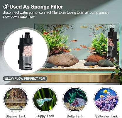 hygger Quiet Electric Aquarium Sponge Filter 10-40 Gallon Fish Tank Filter with Bio Balls Airtubing, Submersible Aquarium in-Tank Power Filter 7W 100 GPH