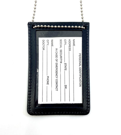 Neck Chain Double Sided ID Holder with 2 Clear Picture ID Windows, Leather Badge for Credential Pass to Wear Around The Neck for Police Law Enforcement, Business, Factory Worker (Black) (Vertical)