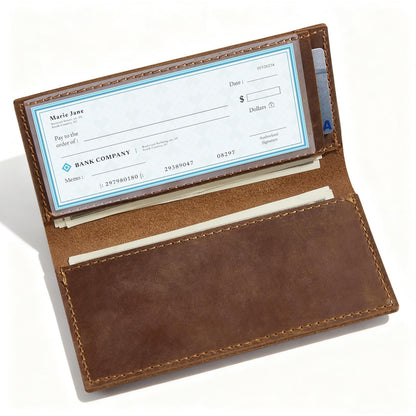 CoBak Genuine Leather Checkbook Cover – RFID Blocking, Luxury Handcrafted Design, Slim & Durable Organizer for Personal & Business Checks.Genuine Leather Brown