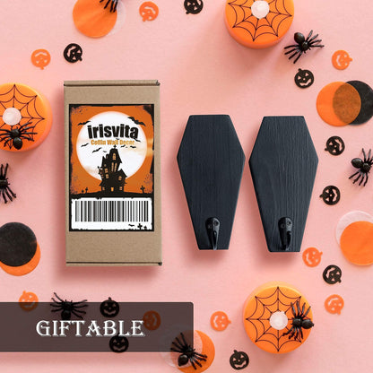 LITTLE IRIS IRISVITA Coffin Key Holder (Set of 2) - Spooky Gothic Decor for Wall, Rustic Black Hanging Wooden Hooks for Keys, Mugs - 5.5 Inches Tall by 2.75 Inches Wide (Small)