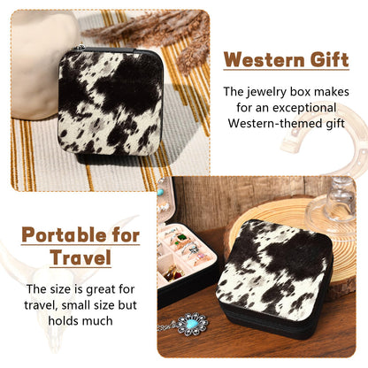 DEEKA Western Jewelry Box Case Real Leather Cow Print Cowhide Tooled Travel Jewelry Organizer Gifts Christmas Gifts for Women Country Girls Cowgirl Stuff Portable Travel Accessories -Black