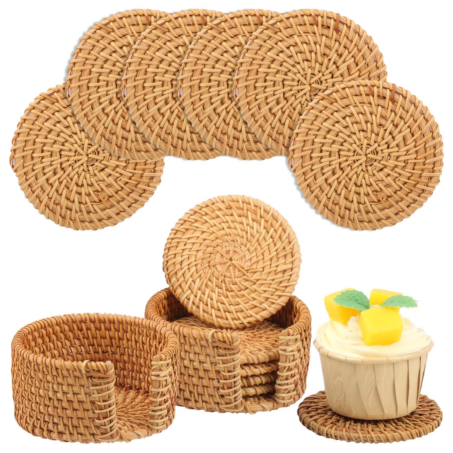 Yiksonyo 12 PC 3.15 inch Rattan Coasters, Handmade Wicker Drink Coasters with Matching Holder, Natural Round Rattan Placemats for Coffee Table, Bar, and Home Décor