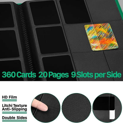 【2026】Trading Card Binder 9 Pocket, Premium Sports Collection Binder Game Cards Book with Sleeves Side Loading, Anti-open Strap Double Sided Waterproof 360 Card Folder