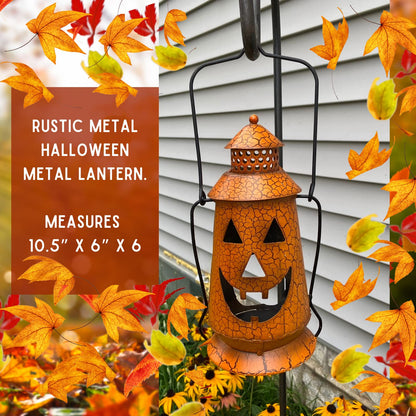 Halloween Pumpkin Rustic Lantern with Handle, Metal Jack O Lantern Fall Decoration, Standing or Hanging- Indoor, Outdoor, by Clovers Garden