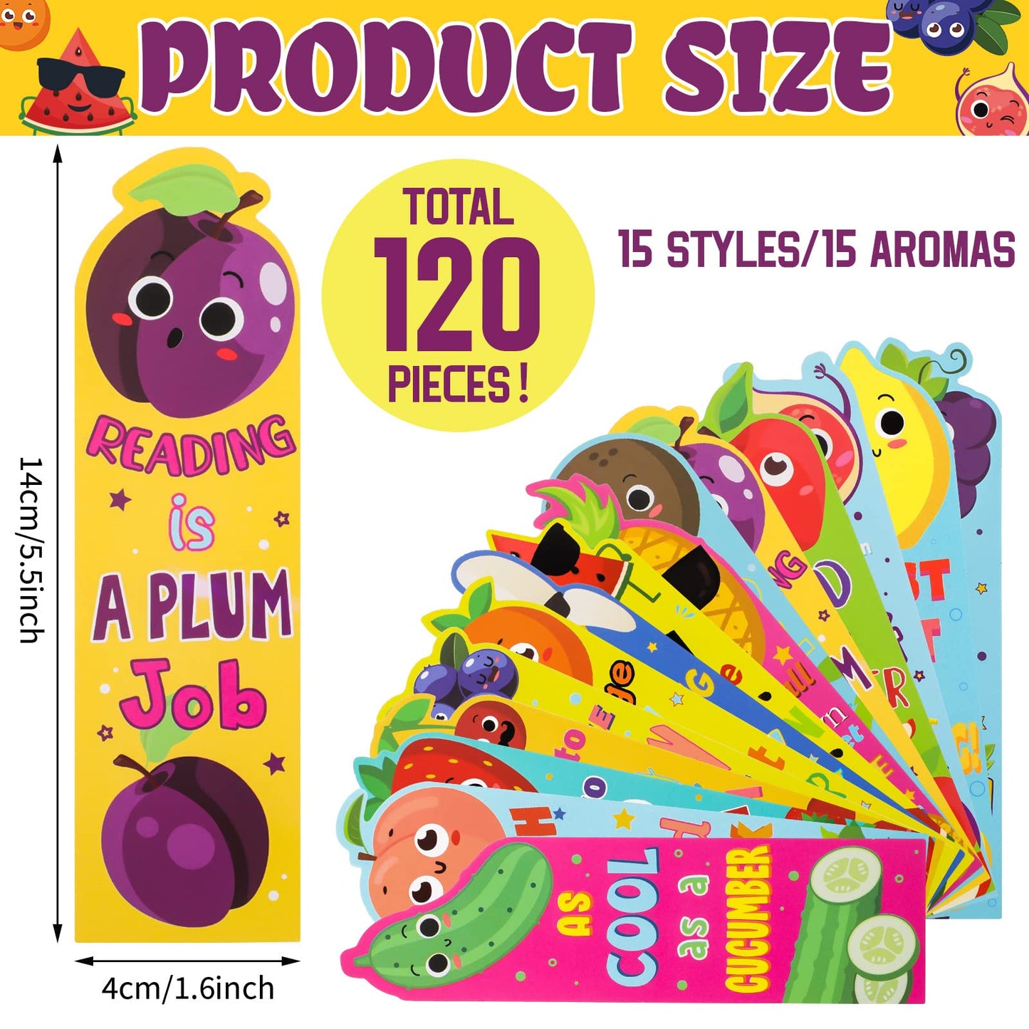 Fainne 120 Pieces Scented Bookmarks Cute Fruit and Sniff Bookmarks for Kids for Educational Office School Students Reader Supplies, 15 Scents