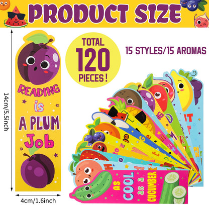 Fainne 120 Pieces Scented Bookmarks Cute Fruit and Sniff Bookmarks for Kids for Educational Office School Students Reader Supplies, 15 Scents