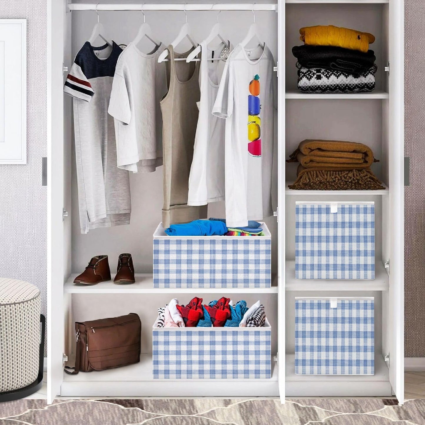 Kigai Blue White Gingham Cube Storage Bins 11x11 inch Collapsible Fabric Storage Cubes Organizer Foldable Boxes Decorative Basket for Home Organizing