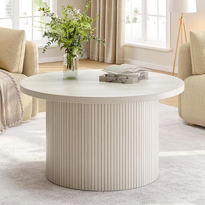 ONBRILL 31.5" Round Coffee Table, Tambour Design Coffee Tables for Living Room, Mid Century Modern Wood Coffee Table, Drum Accent Small Center Table, Natural White