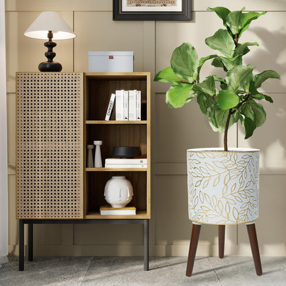 Opnons 12inch Plant Pots with Wood Planter Holder Indoor Flower Pot with Gold Floral Embossed Modern Planters with Drainage Holes for Living Room, Office, Garden or Balcony
