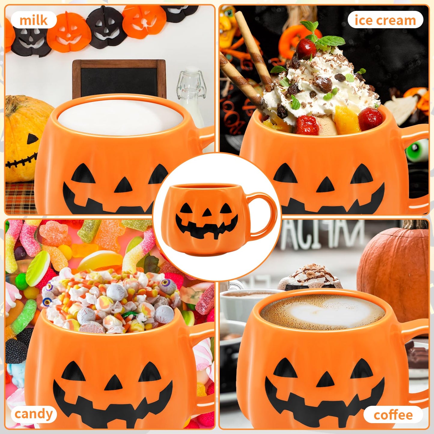 Peclek 12 oz Halloween Pumpkin Mug, Ceramic Cute Pumpkin Coffee Cup, Black Face
