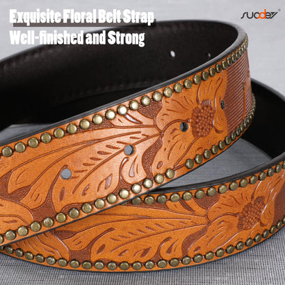 SUOSDEY Women Western Leather Belt, Cowboy Cowgirl Belt for Jeans Pants Longhorn Bull Big Buckle Belt brown
