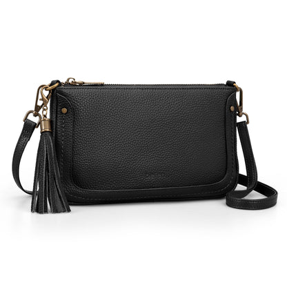 befen Genuine Leather Wristlet Wallets for Women, Black Cell Phone Purse with Built in Wallet Soft Real Leather Crossbody Bag with RFID Blocking Small Cluth Purses with Wrist and Crossbody Strap