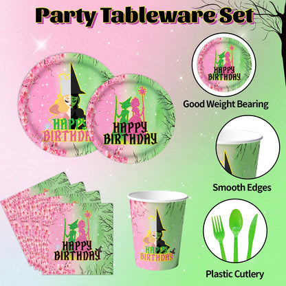 179Pcs Pink and Green Witch Party Decorations Tableware,Witch Table Centerpieces Movie Themed Birthday Party Supplies Include Banner Paper Pom Poms Plates Knives Forks Cups Set for Severs