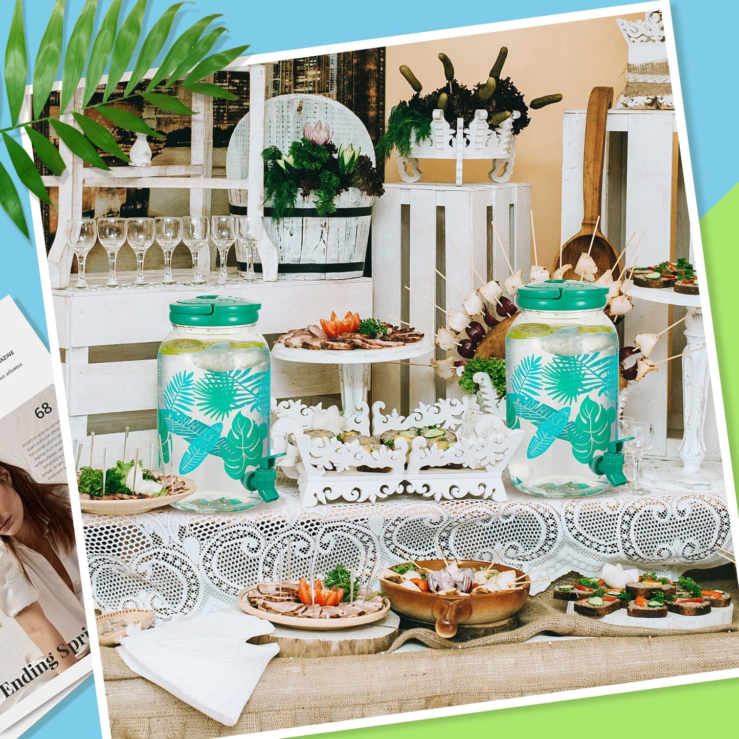 Norme 2 Pcs 1 Gallon Plastic Drink Dispenser Jungle Leaves Theme Iced Beverage Dispenser Tea Jar with Spigot and Carrying Lid Clear Dispenser for Fridge Bar Summer Party