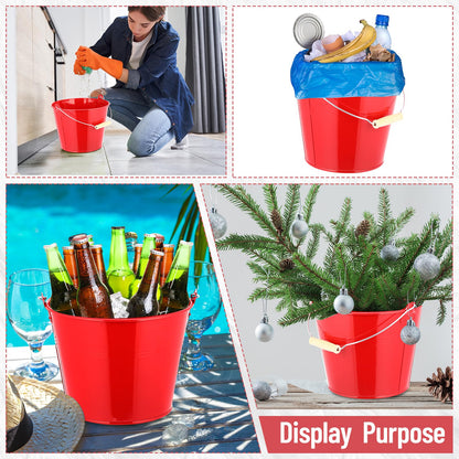 Zopeal 6 Pcs Large Metal Bucket Beer Bucket Galvanized Steel Pail with Handle for Gifts Basket Ice Candy Party(9 x 7 x 7 Inch,Red)