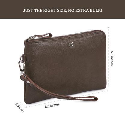 Wise Owl Accessories Genuine Leather Wristlet Wallet for Women Clutch Handbag Purses for Cell Phone Keys Coins Credit Card Slots (Brown Nappa)
