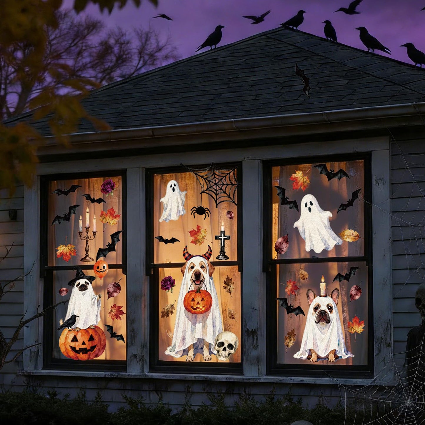 Whaline Extra Large Halloween Ghost Dog Window Clings Autumn Leaves Pumpkin Dog Bat Reusable Anti-Collision Windows Decor for Home Classroom Office Party Supplies, 4 Sheets