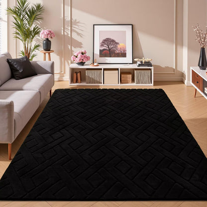 Flagover 4x6 Black Washable Area Rug for Bedroom, Modern Geometric Shag Non-Slip Living Room Rugs, Fluffy Plush Soft Memory Foam Carpet for Kids Boys Room Nursery Room Dorm Bedside Decor