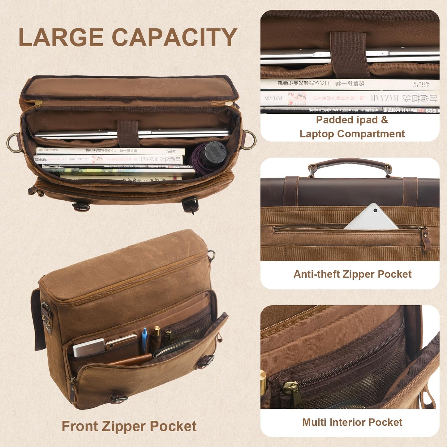 Men's Messenger Bag Waxed Canvas Briefcase 16 Inch, Coffee