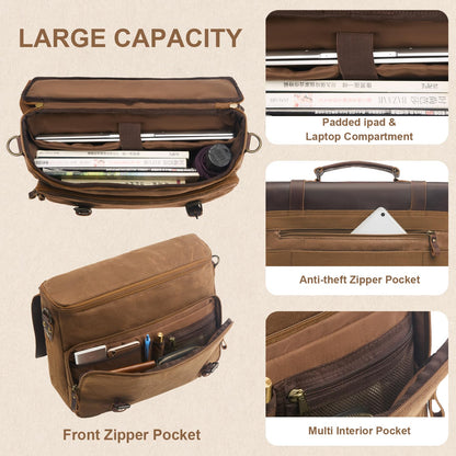 Men's Messenger Bag Waxed Canvas Briefcase 16 Inch, Coffee