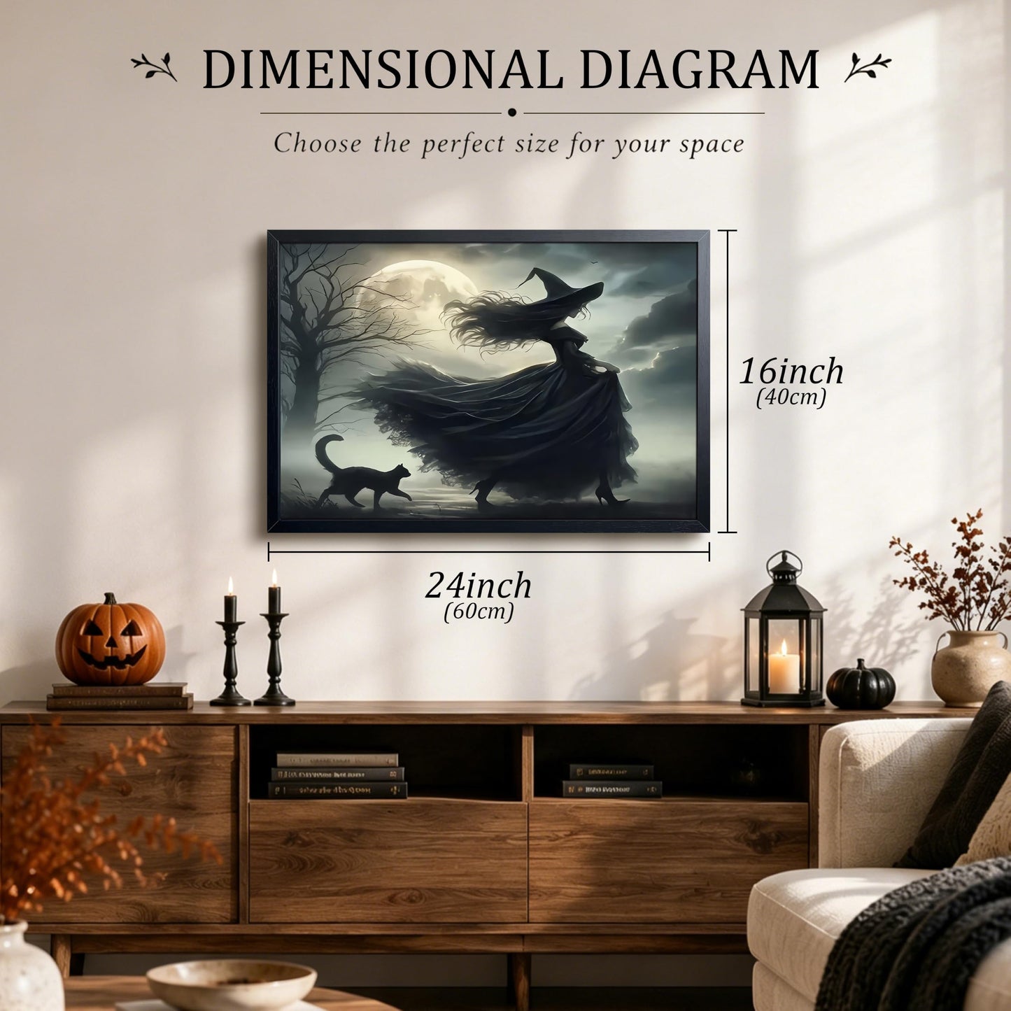 wanyun Dark Witch Wall Art Canvas Framed Poster Print Picture, Gothic Moonlight Witch Artwork Oil Painting, Spooky Halloween Horror Wall Decor for Bedroom Living Room Home Office Decor 16x24 Inch