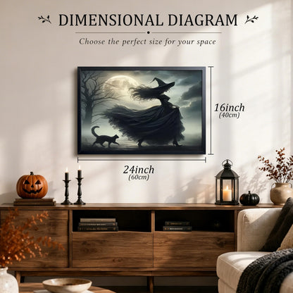 wanyun Dark Witch Wall Art Canvas Framed Poster Print Picture, Gothic Moonlight Witch Artwork Oil Painting, Spooky Halloween Horror Wall Decor for Bedroom Living Room Home Office Decor 16x24 Inch