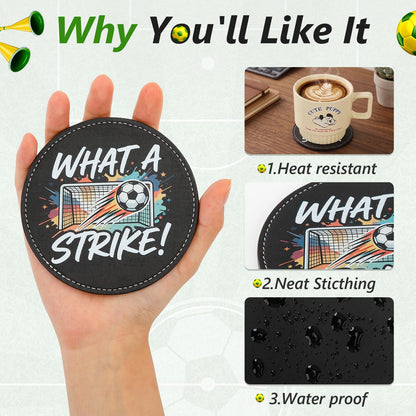 BEADJONE 6 Pack Soccer Coasters for Drinks Set, 3.9" Leather Football Coasters with Holder, Waterproof Tabletop Protection for Home Bar Watch Parties & Game Day Decor, Sports Fans Gifts