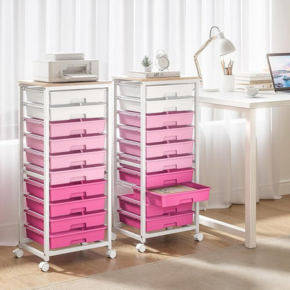 SYKIARIOL Rolling Cart with Drawers,10 Drawer Rolling Cart,Storage Cart,Utility Cart,Teacher Cart for Classroom Storage,Craft Cart with Wheels and Wooden Tabletop,Pink