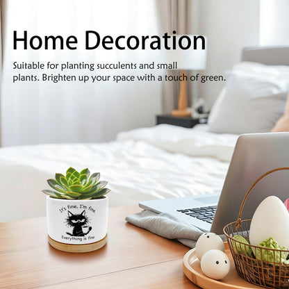EVIHCG Funny Black Cat Planter Pots, Cat Lovers Gifts for Women Men, It's Fine I'm Fine Sarcastic Ceramic Succulent Plant Flower Planters for Home Office Desk Table Shelf(No Plants)