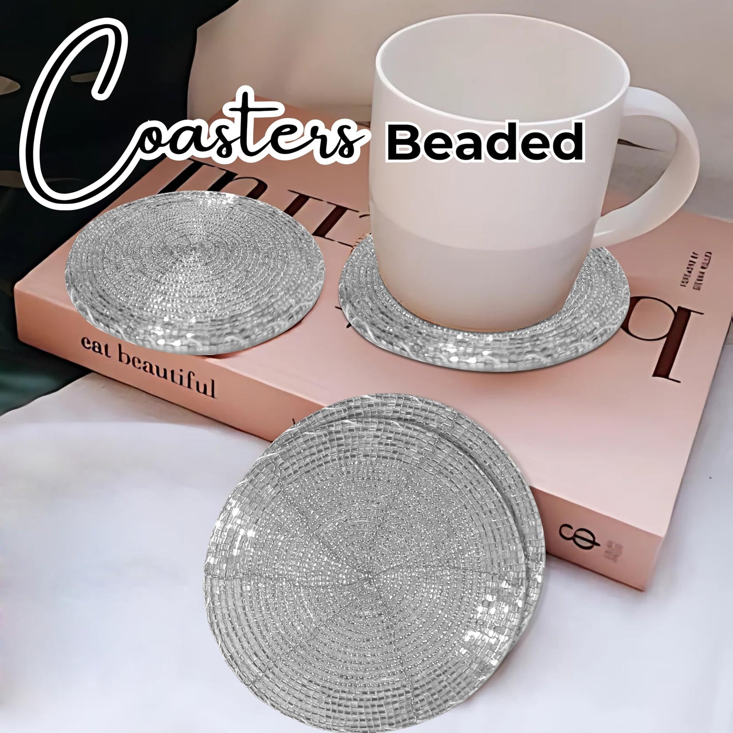 Silver Coasters Set of 4,Handmade Beaded Bar Drink Tabletop Protection Coasters - Halloween Harvest Autumn Fall Thanksgiving Holiday Christmas Xmas Celebration Festive Party 4" Round - Silver