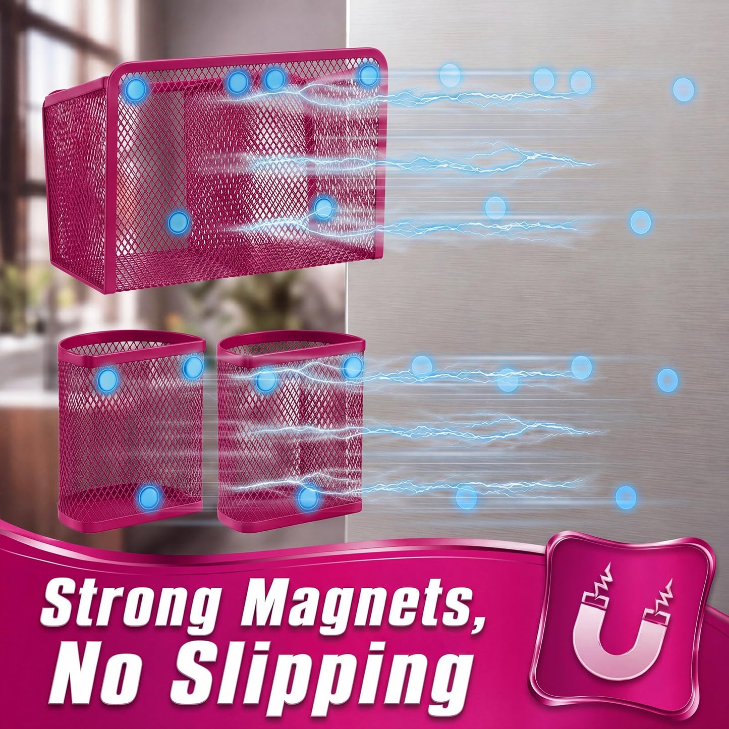 Marspark 3 Pcs Magnetic Pen Holder Set Metal Pencil Holder with Strong Magnets Wire Mesh Storage Basket Organizer for Locker Accessories Whiteboard Refrigerator School Office Dorm(Pink)