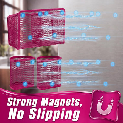 Marspark 3 Pcs Magnetic Pen Holder Set Metal Pencil Holder with Strong Magnets Wire Mesh Storage Basket Organizer for Locker Accessories Whiteboard Refrigerator School Office Dorm(Pink)