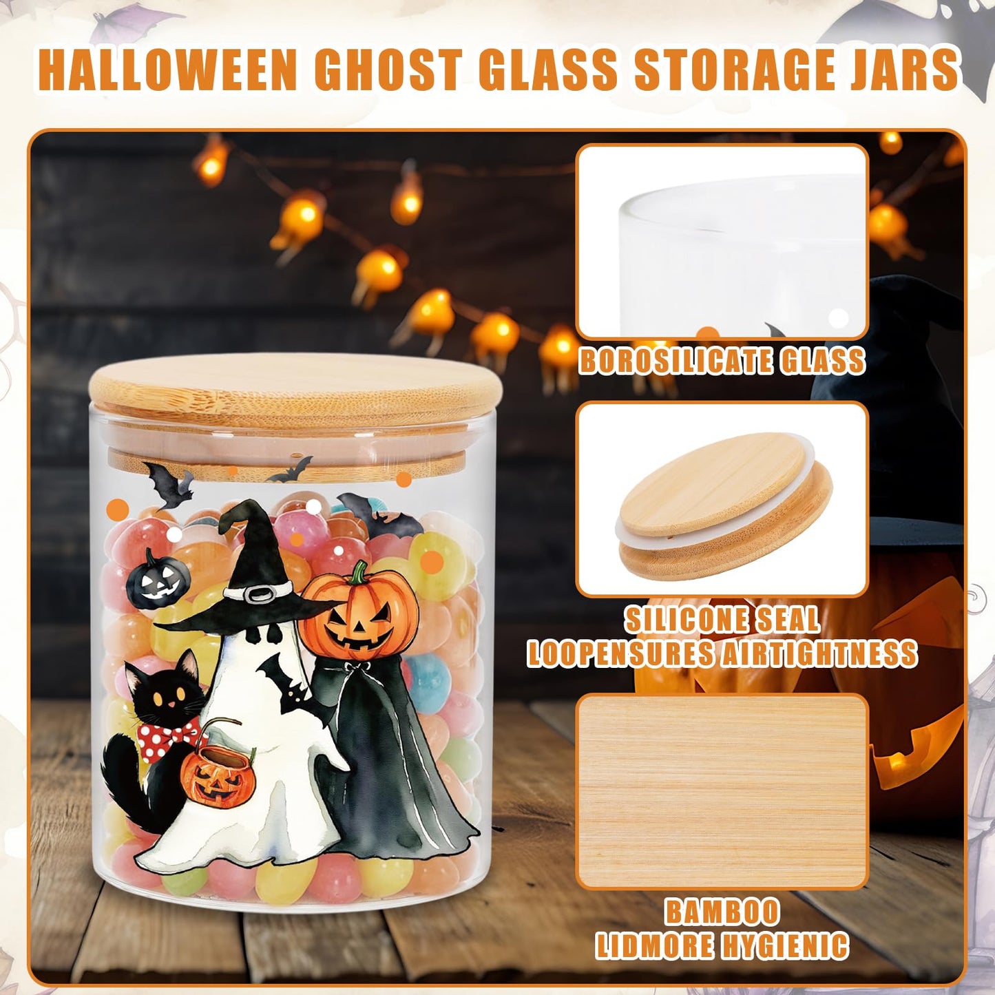 JarThenaAMCS 3Pcs Halloween Glass Storage Jars with Airtight Lid Ghost Pumpkin Truck Decorative Canisters Sets for Home Kitchen Countertop