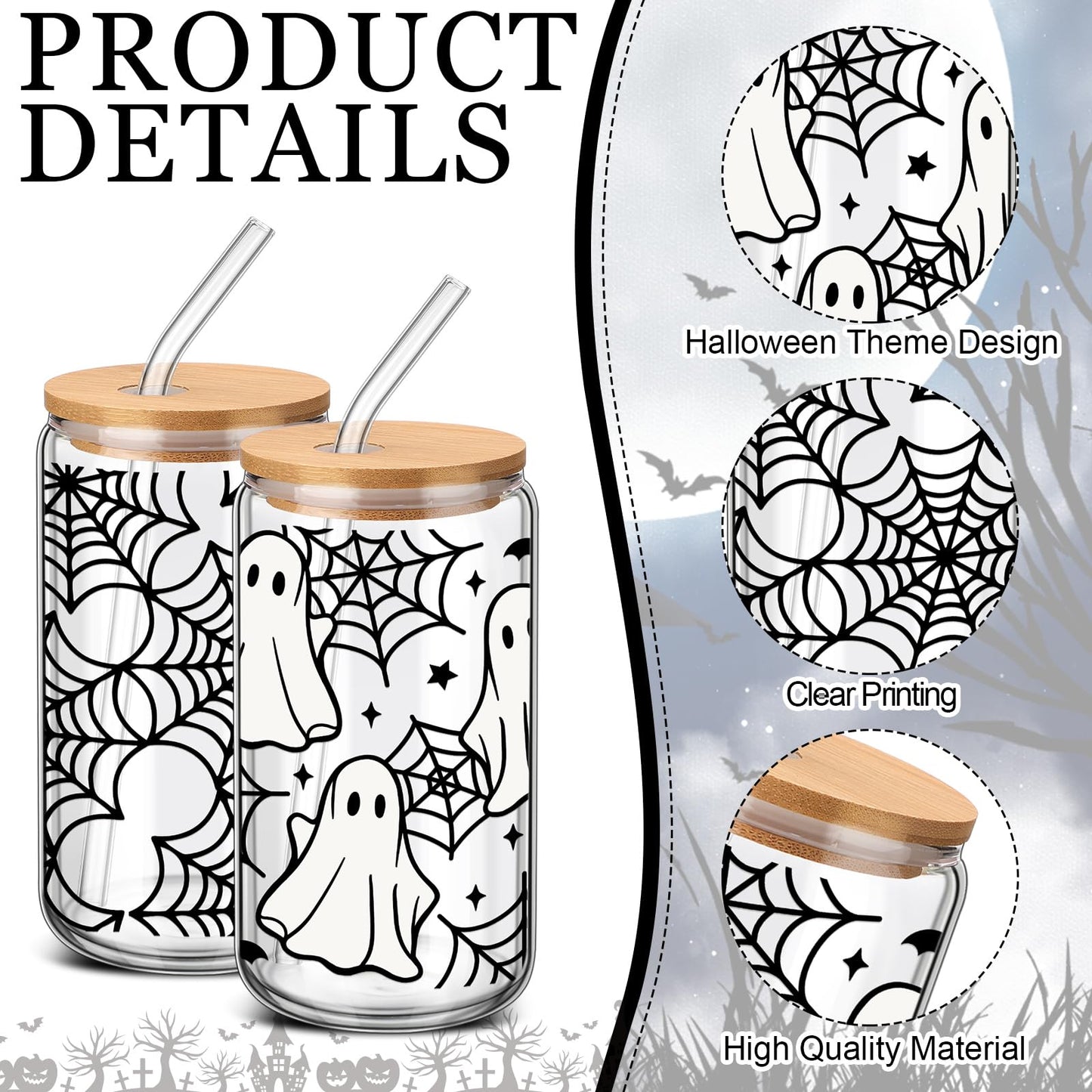 SiliFine 4 Pcs Halloween Glass Cups with Lid and Straw 16 oz Drinking Glasses Halloween Iced Coffee Cups Can Shape Ghost Spiderweb Skeleton Mug Tumbler for Women Men Birthday Party Favor Gift