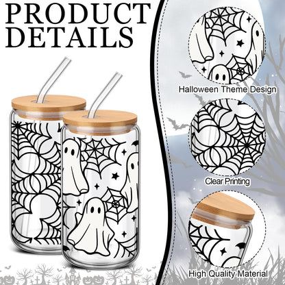 SiliFine 4 Pcs Halloween Glass Cups with Lid and Straw 16 oz Drinking Glasses Halloween Iced Coffee Cups Can Shape Ghost Spiderweb Skeleton Mug Tumbler for Women Men Birthday Party Favor Gift