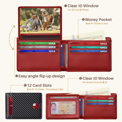 Tipmile Wallet for Men Slim RFID Blocking Credit Card Holder, Minimalist Men Wallets 12 Cards with 2 ID Windows & Cash Slot, Bifold Front Pocket Wallet Gifts for Men