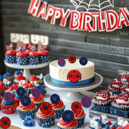 RoundFunny 48 Pcs Spider Cupcake Toppers Cake Decorations Spider Birthday Party Decoration Cupcake Dessert Rings Toppers for summer Party Gifts Classroom Prizes(Red/blue/black)
