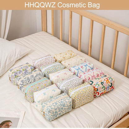 HHQQWZ Makeup Travel Cosmetic Bag, Two Pack: Pink+Blue Floral, Zipper Closure, Durable Polyester, Perfect for Toiletry, Makeup, Travel