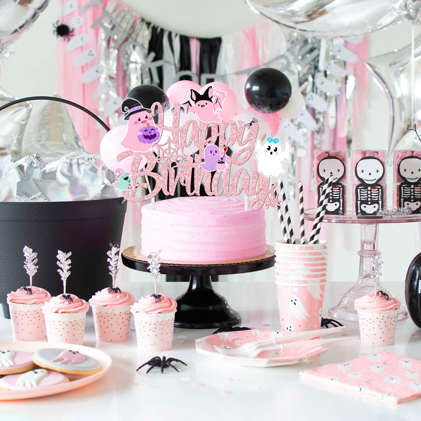 Ghost Birthday Cake Topper Pink Glitter Halloween Birthday Party Decorations Lovely Ghost Cake Picks Ghosts Theme Cake Decorations for Happy Boo Day Party Supplies