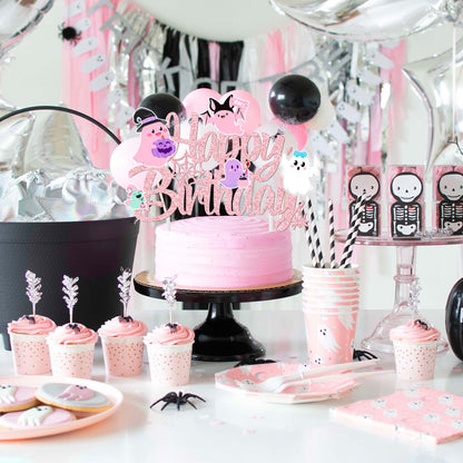 Ghost Birthday Cake Topper Pink Glitter Halloween Birthday Party Decorations Lovely Ghost Cake Picks Ghosts Theme Cake Decorations for Happy Boo Day Party Supplies