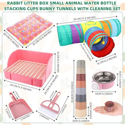 34 Pcs Rabbit Starter Kit Rabbit Litter Box Small Animal Water Bottle Stacking Cups Bunny Tunnels Animal Grooming Kit Bowl Blanket with Cleaning Set for Guinea Pig Bunny Accessories (Pink)