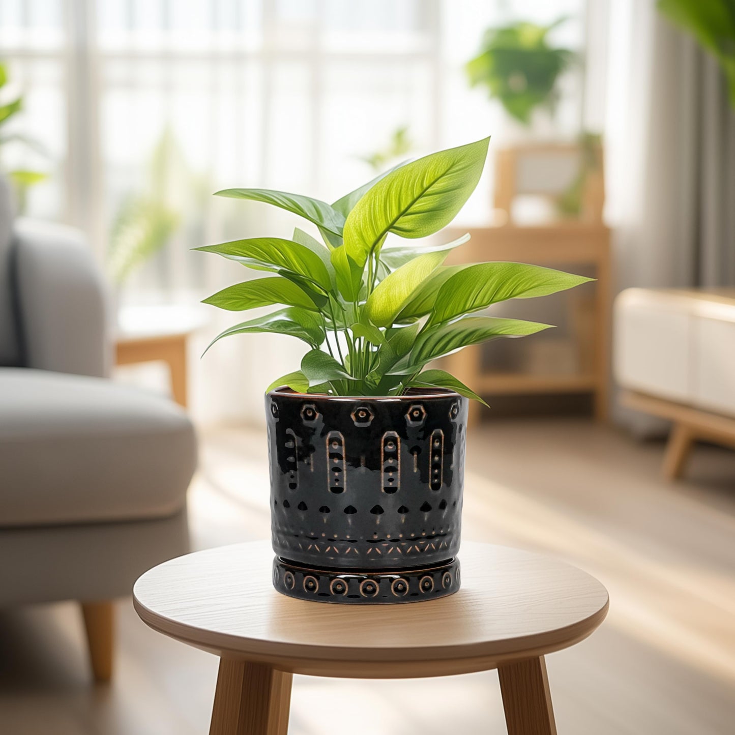 Eightpot Ceramic Plant Pots - 6 Inch Ceramic Planter for Indoor Outdoor, Round Flower Pots with Drainage Hole and Plant Saucer, Boho Decorative Small Planter, House Decor, Gifts for Gardeners, Black