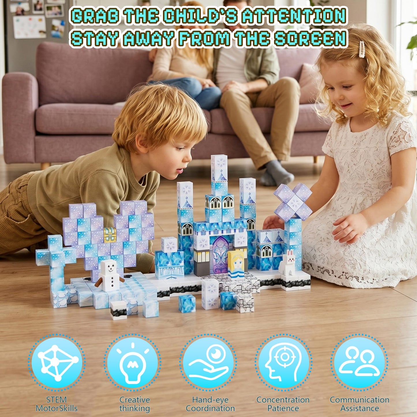 Fitrobust 200 Pack Magnetic Blocks for Kids, STEM Construction Toys with Forest Theme | Creative Educational Games for Ages 3, 4, 5, 6, 7, 8, 9, 10 | Ideal Birthday for Boys & Girls (ICE, Count, 200)