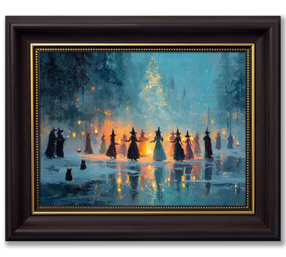 Vbaourut Framed Halloween Witch Wall Art, Magical Coven Canvas Painting, Spooky Forest Poster with Dark Brown Frame and Upgraded Hook and Loop for Bedroom, 9x11 in