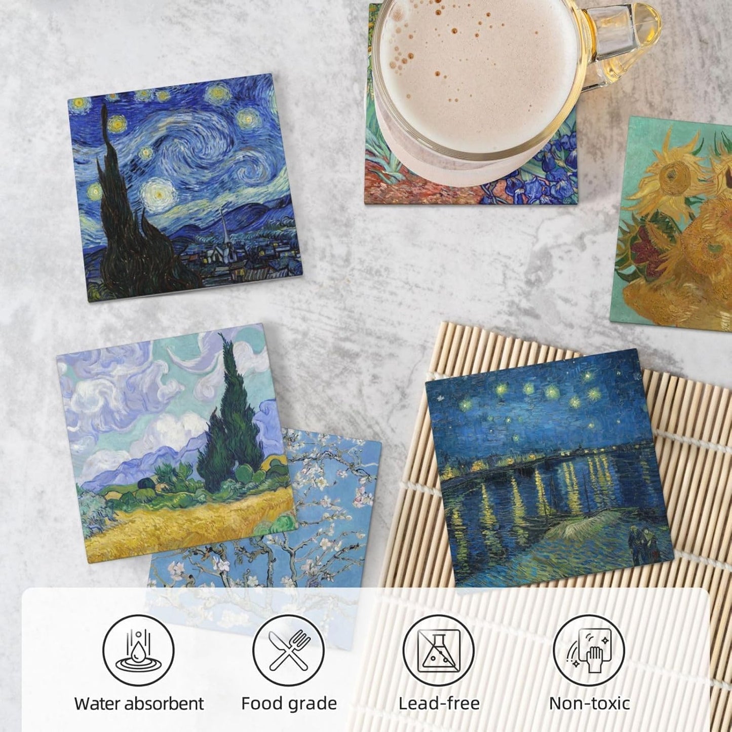 GERLNF Absorbent Ceramic Coasters for Drinks with Cork Base Art Coasters Set of 6 - Use 6 Famous Paintings, Unique Housewarming Gifts for Home Decorative (Square - Van Gogh - 1)